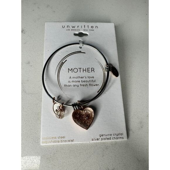Rose Gold Two-Tone Stainless Steel Crystal "Mother" Heart and Flower Bracelet - Picture 3 of 3